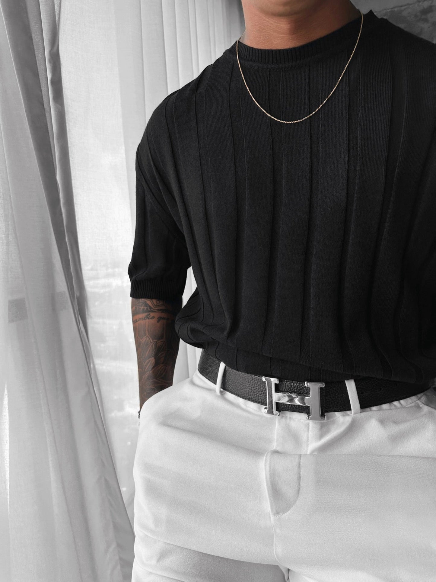 Regular Fit Knit Lines T-shirt - Zwart