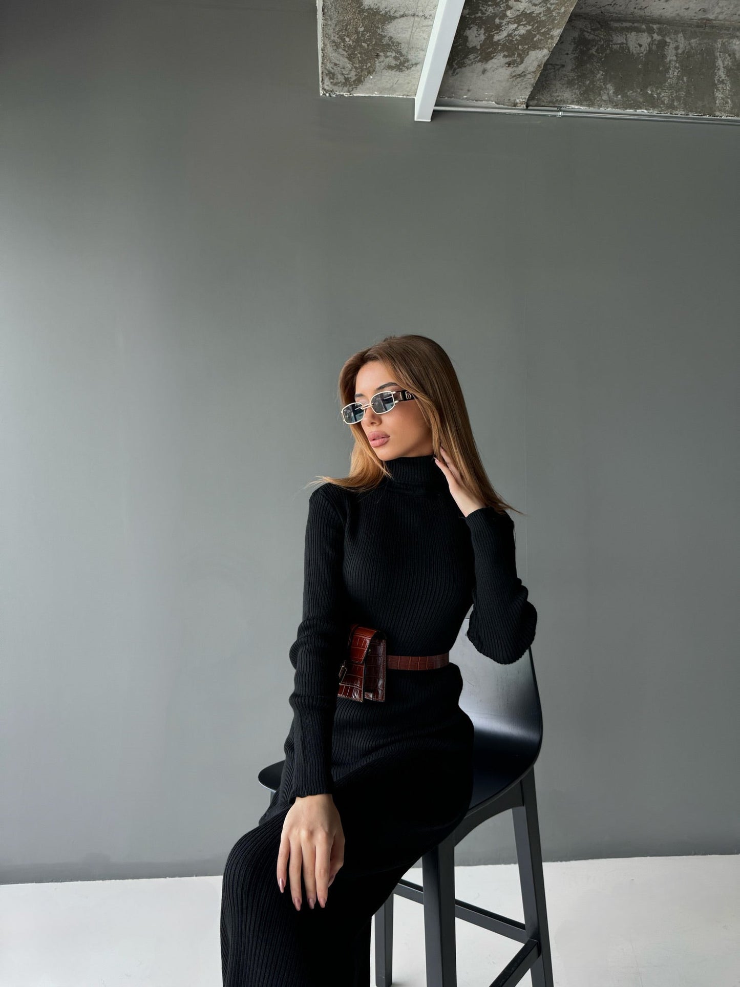 High Neck Gebreide Jurk - Zwart