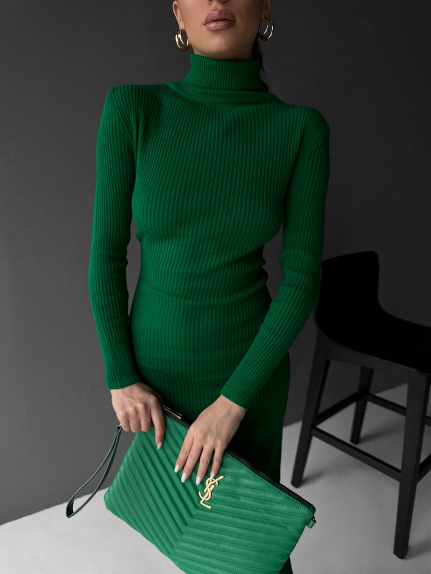 High Neck Gebreide Jurk - Groen