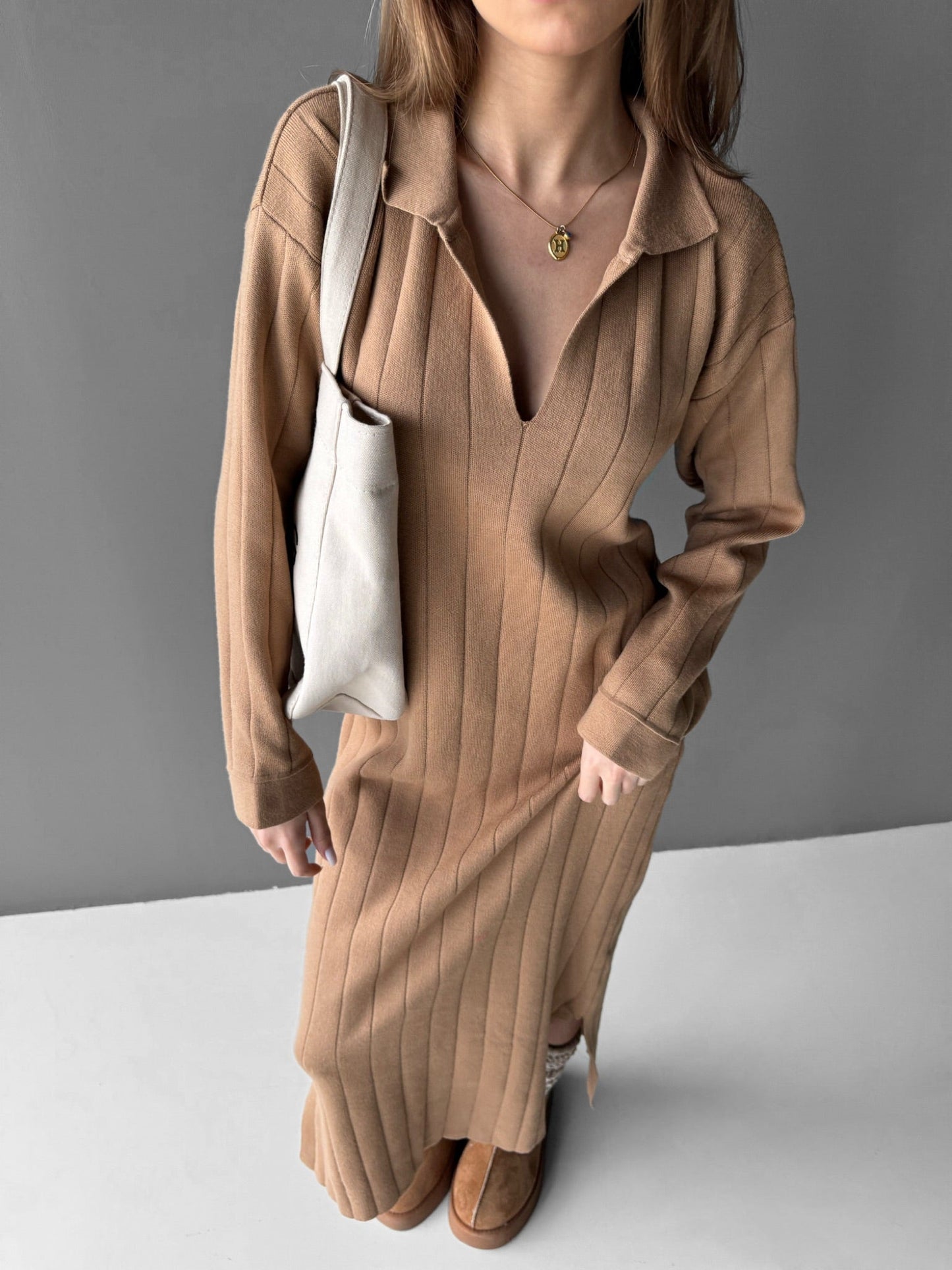 Lange Polo Gebreide Jurk - Camel