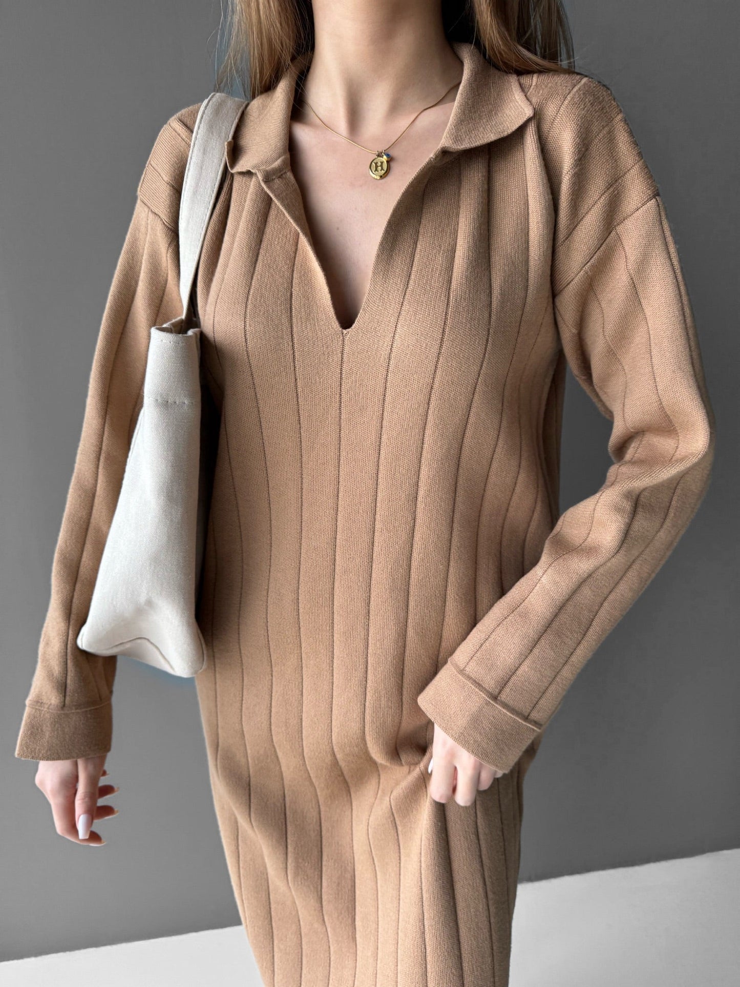 Lange Polo Gebreide Jurk - Camel