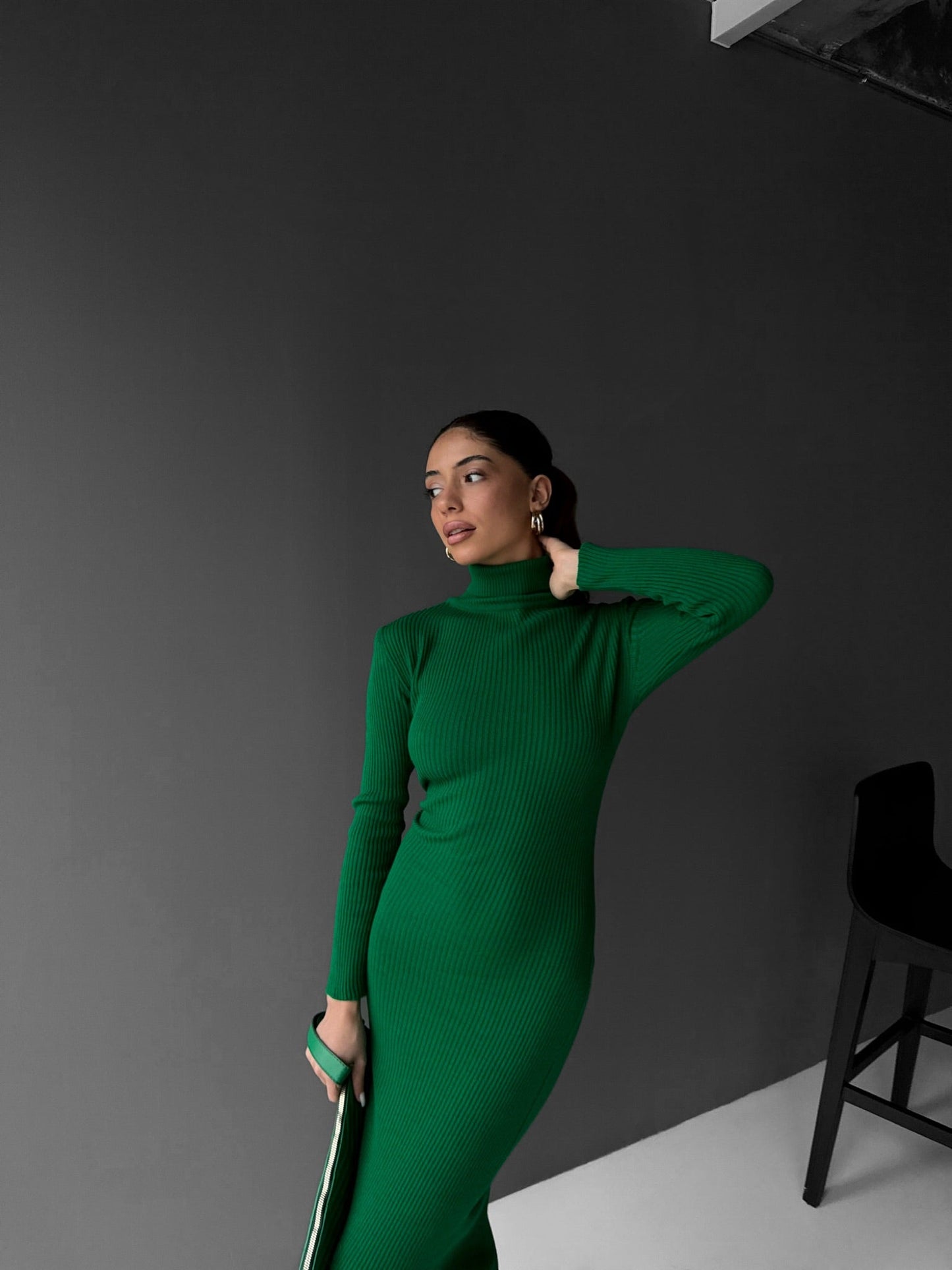 High Neck Gebreide Jurk - Groen