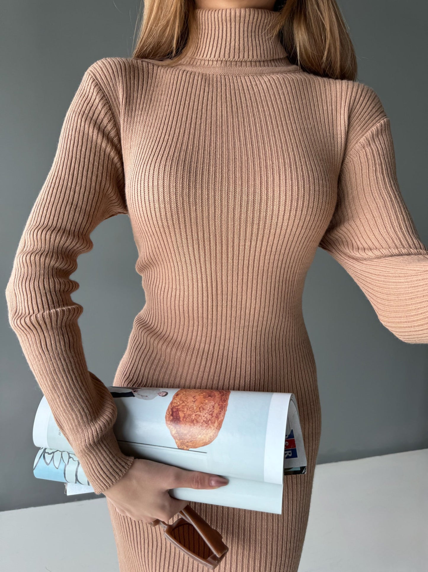 High Neck Gebreide Jurk - Camel