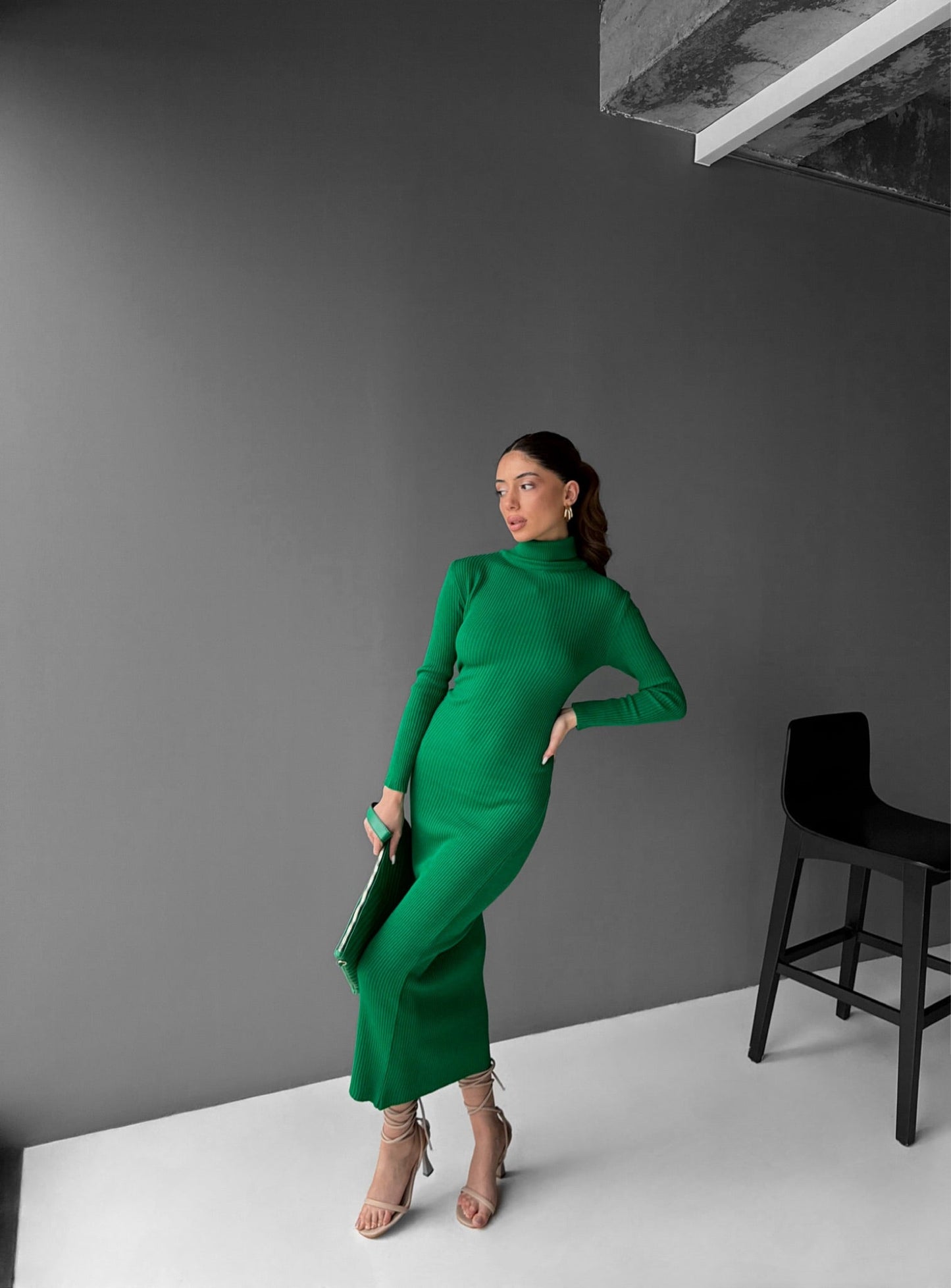 High Neck Gebreide Jurk - Groen