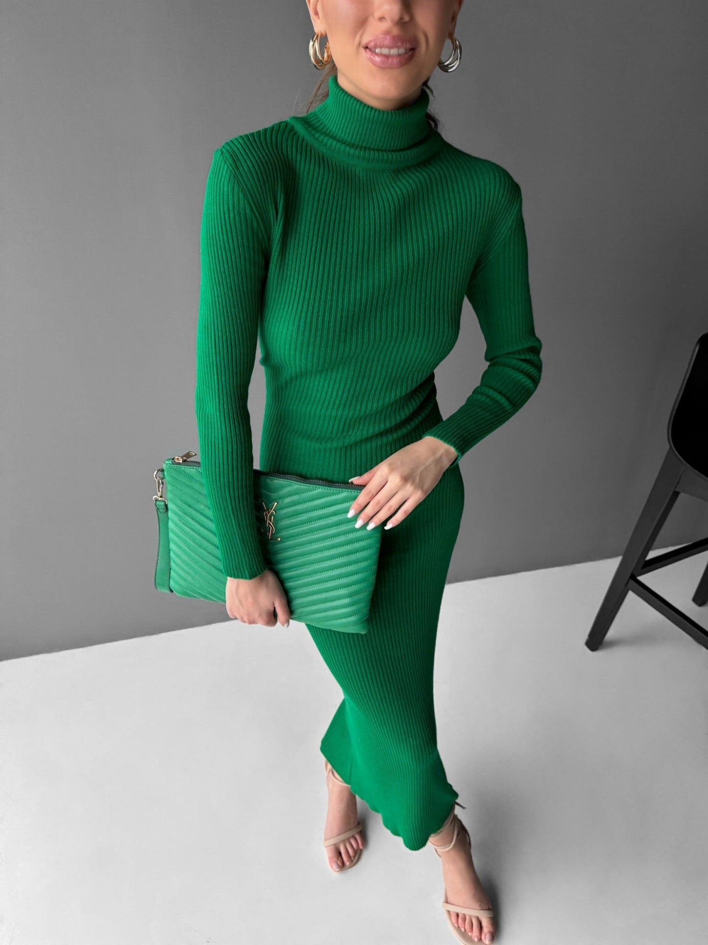 High Neck Gebreide Jurk - Groen