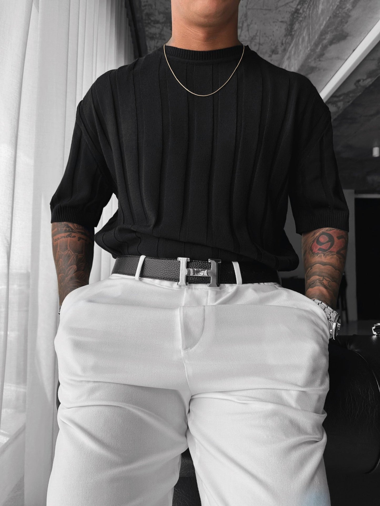 Regular Fit Knit Lines T-shirt - Zwart