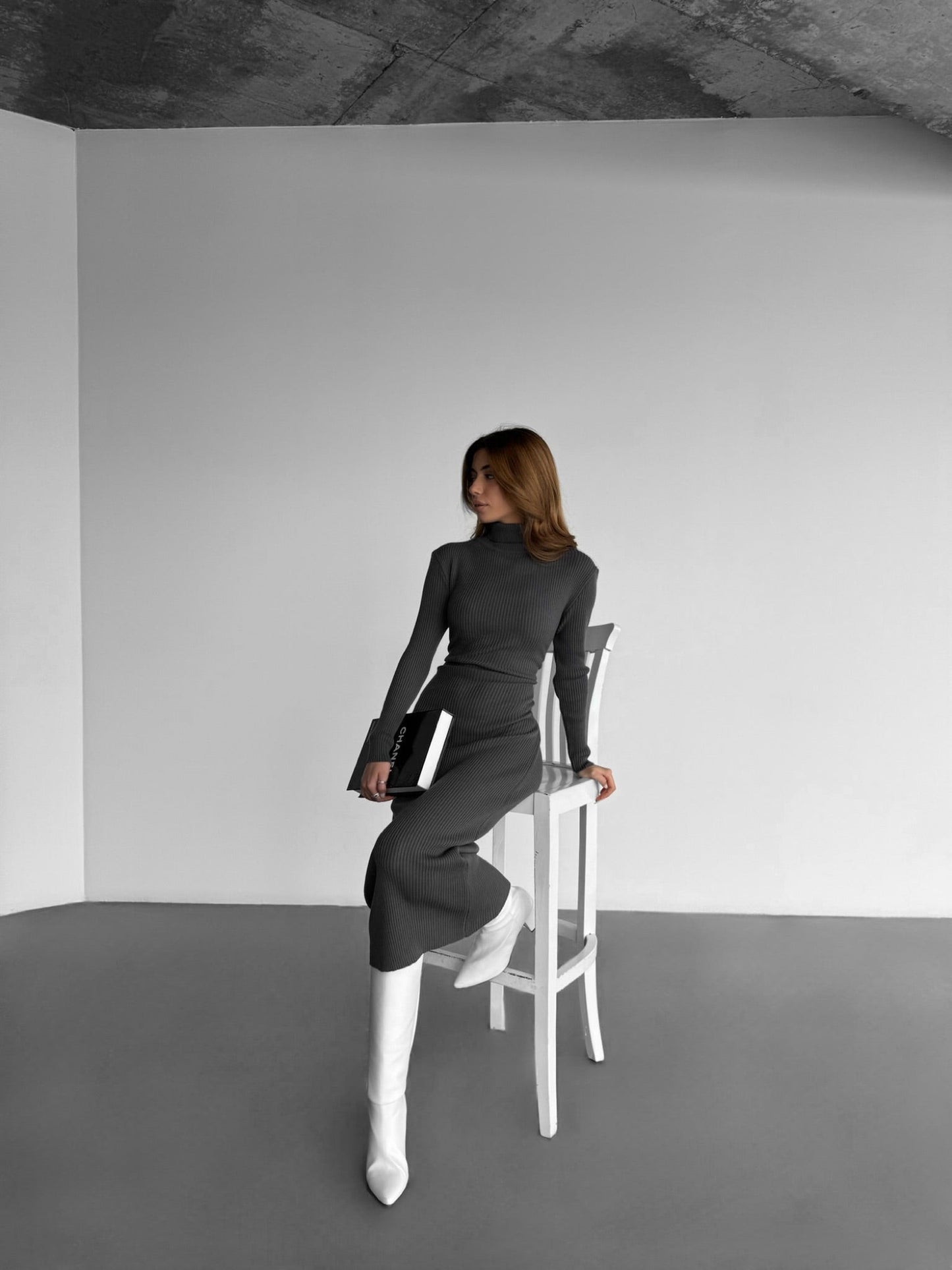 High Neck Gebreide Jurk - Antraciet
