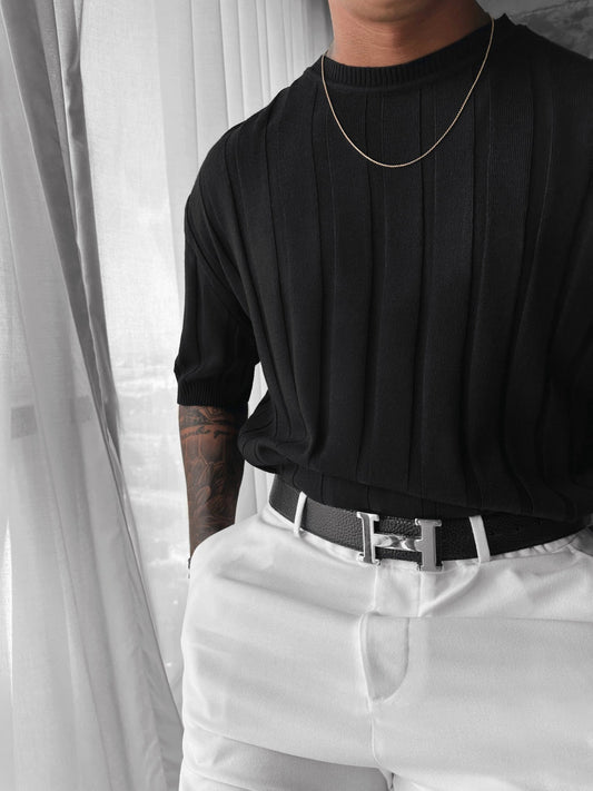 Regular Fit Knit Lines T-shirt - Zwart