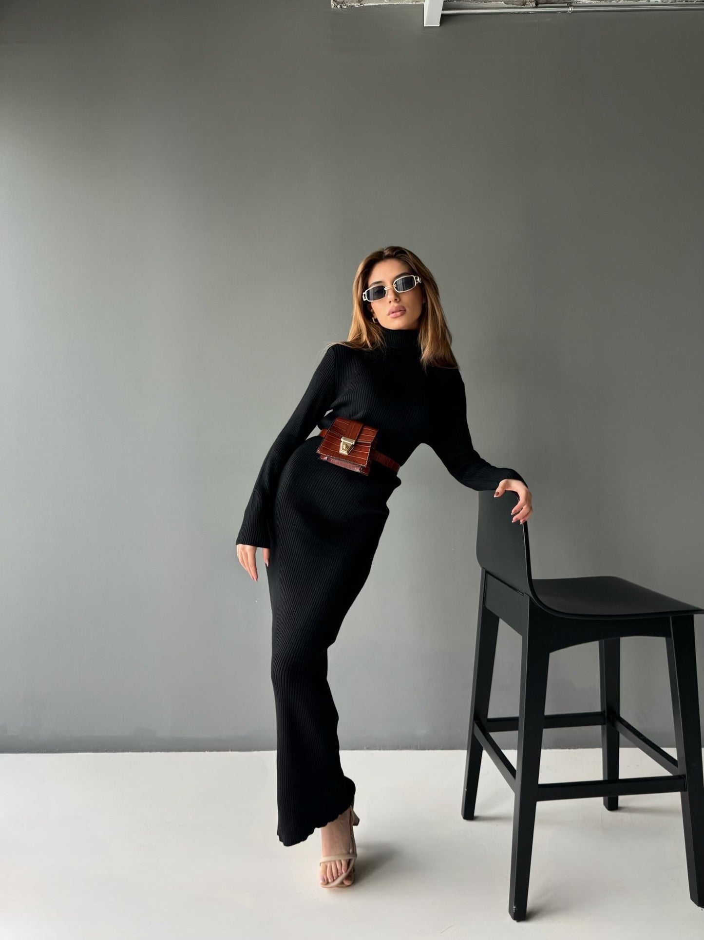High Neck Gebreide Jurk - Zwart