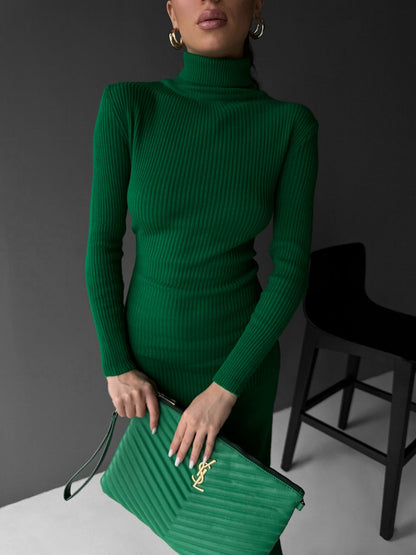 High Neck Gebreide Jurk - Groen