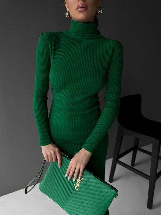 High Neck Gebreide Jurk - Groen