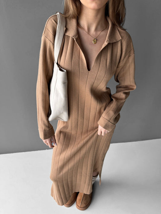 Lange Polo Gebreide Jurk - Camel