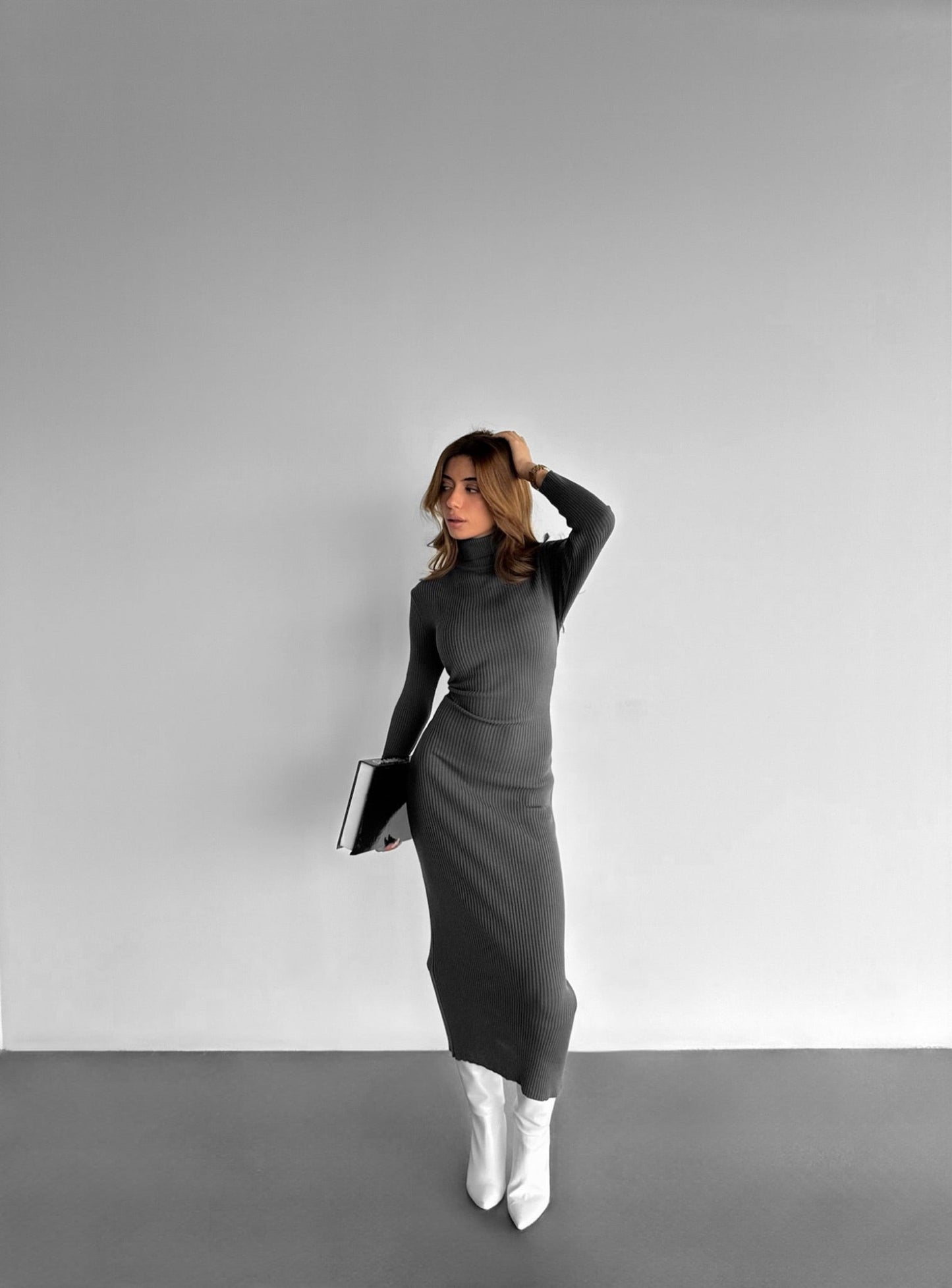 High Neck Gebreide Jurk - Antraciet