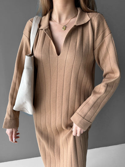 Lange Polo Gebreide Jurk - Camel
