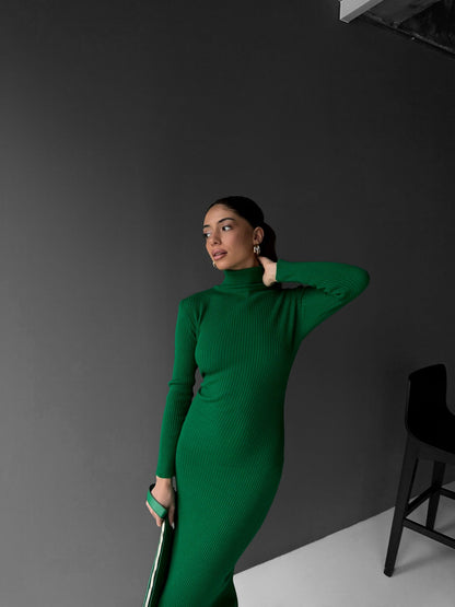 High Neck Gebreide Jurk - Groen