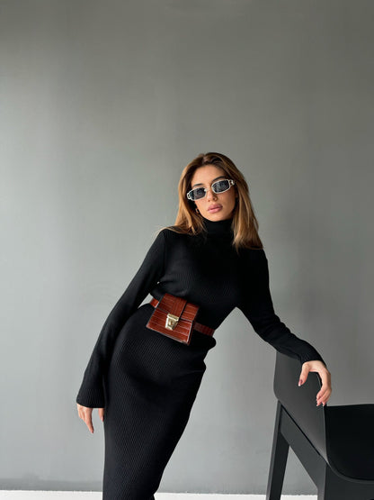 High Neck Gebreide Jurk - Zwart