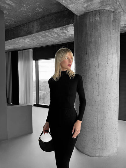 High Neck Gebreide Jurk - Zwart
