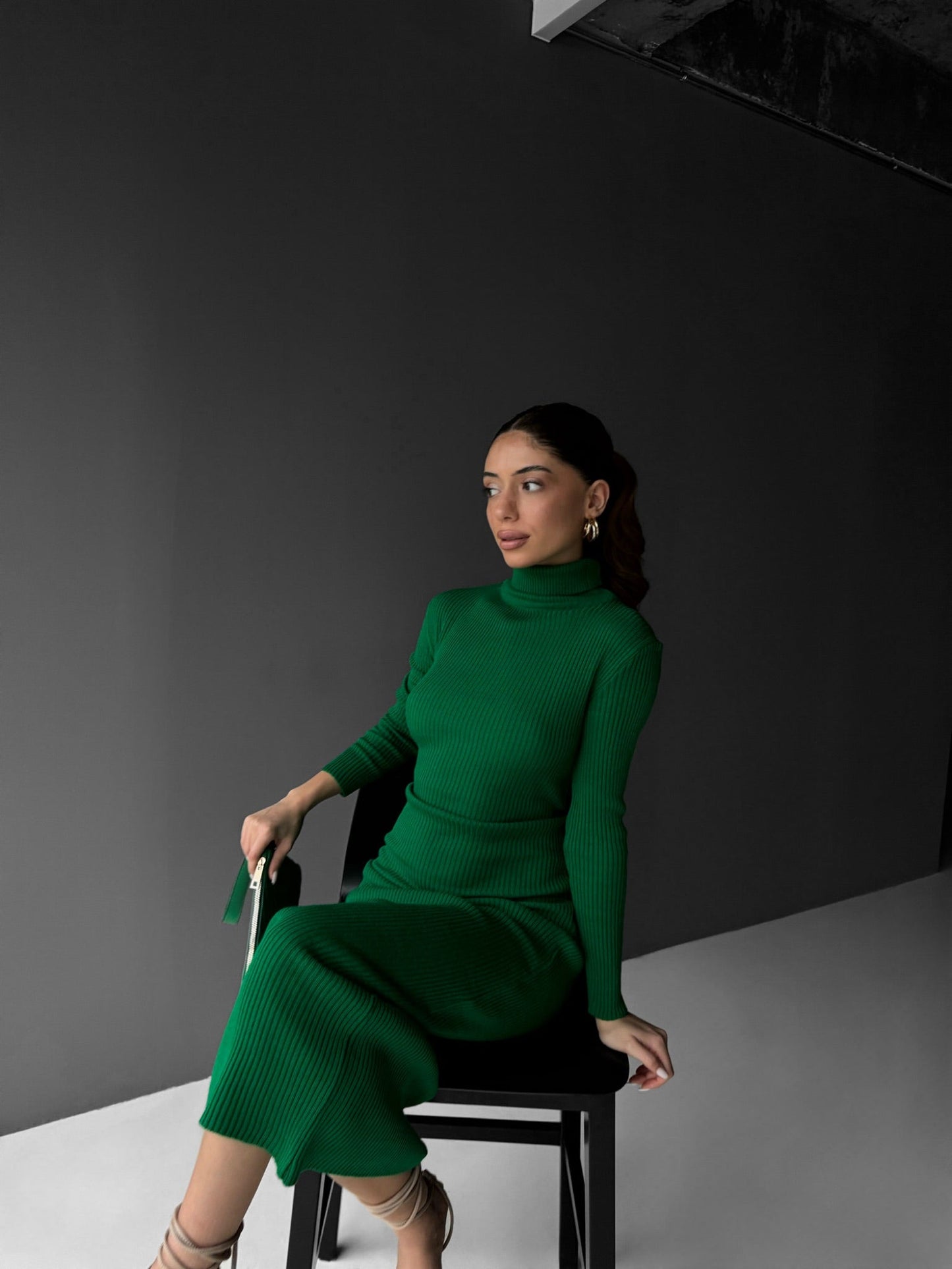 High Neck Gebreide Jurk - Groen