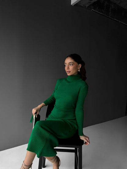 High Neck Gebreide Jurk - Groen
