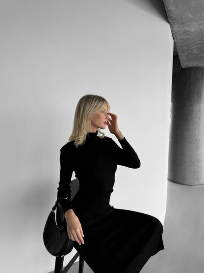 High Neck Gebreide Jurk - Zwart