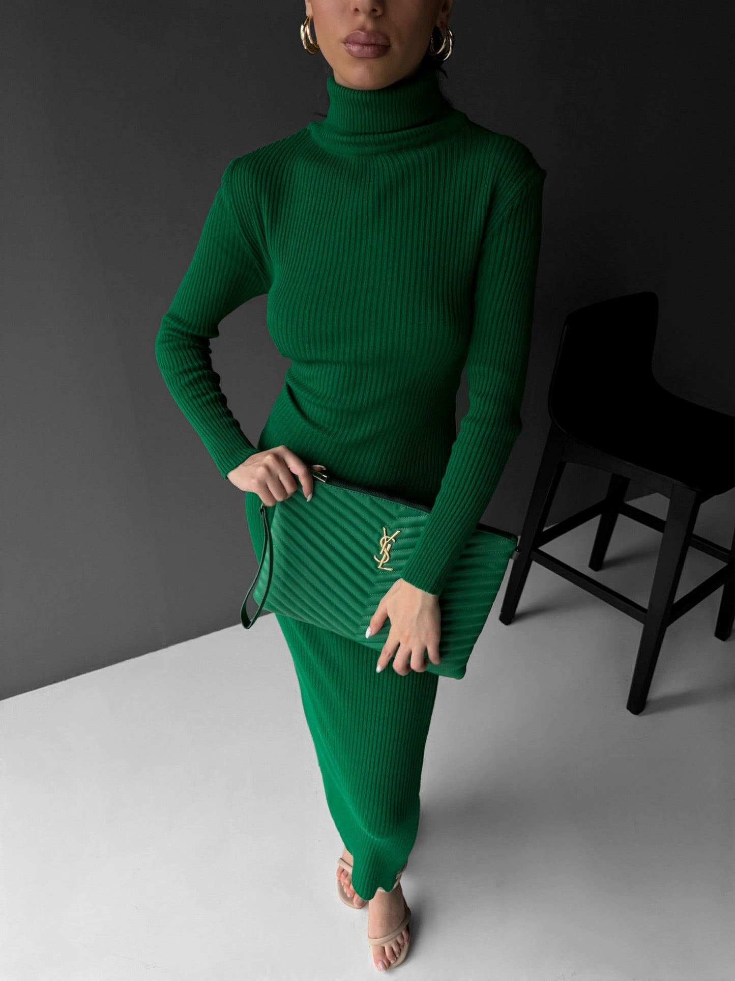 High Neck Gebreide Jurk - Groen