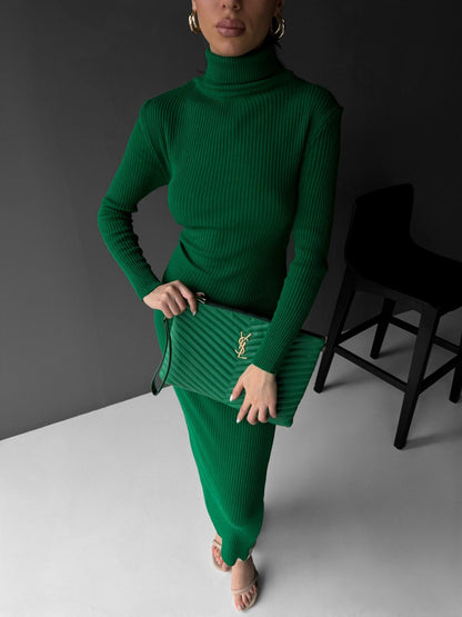 High Neck Gebreide Jurk - Groen
