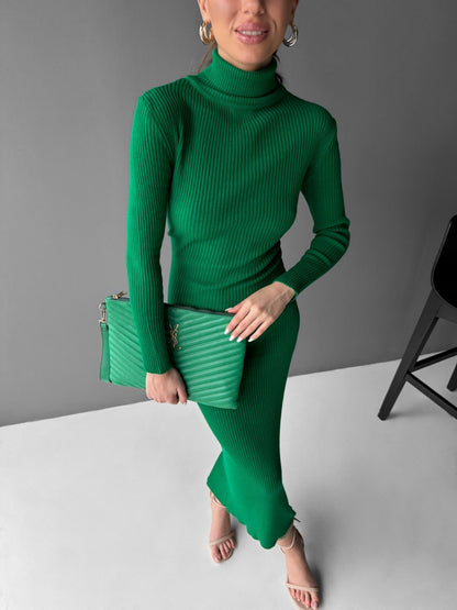 High Neck Gebreide Jurk - Groen